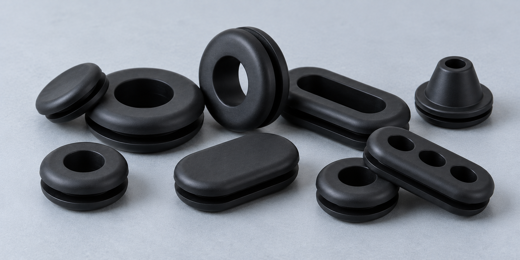 Smooth matte black rubber grommets in round, oval, blind-hole and custom profiles