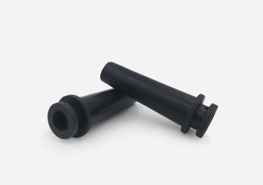 Two black long-neck rubber grommets with extended sleeves and grooved panel mounting ends