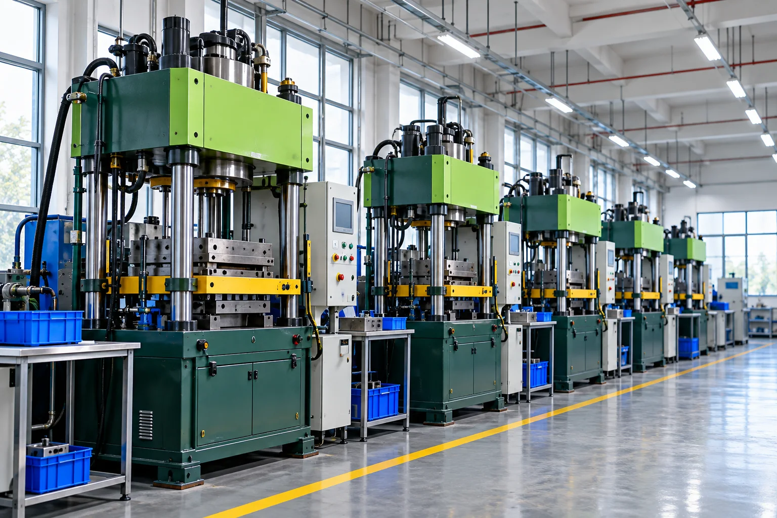 Illustrative view of green hydraulic rubber vulcanization presses in a manufacturing workshop